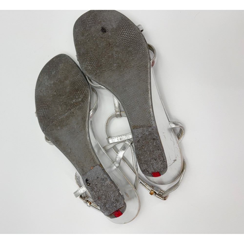 B5 Prada Metallic Leather Wedge Sandals 9.5 Silver T-Strap Medallion Strappy - Picture 6 of 14